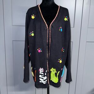 Vtg The Quacker Factory Black Multicolor Cat Print Button Cardigan Ramie XL